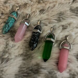 Set of 5 Stone/Crystal Hexagonal Pendants with Silver Toned Bails